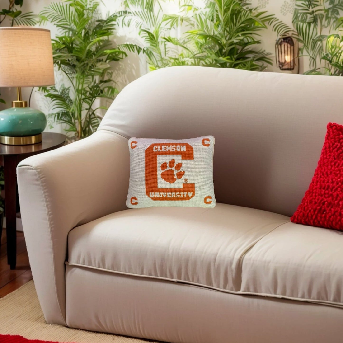 Handmade Wool Needlepoint Pillow Cover - Decorative Throw Cushion Cover - Vintage Floral Embroidery DesignClemson