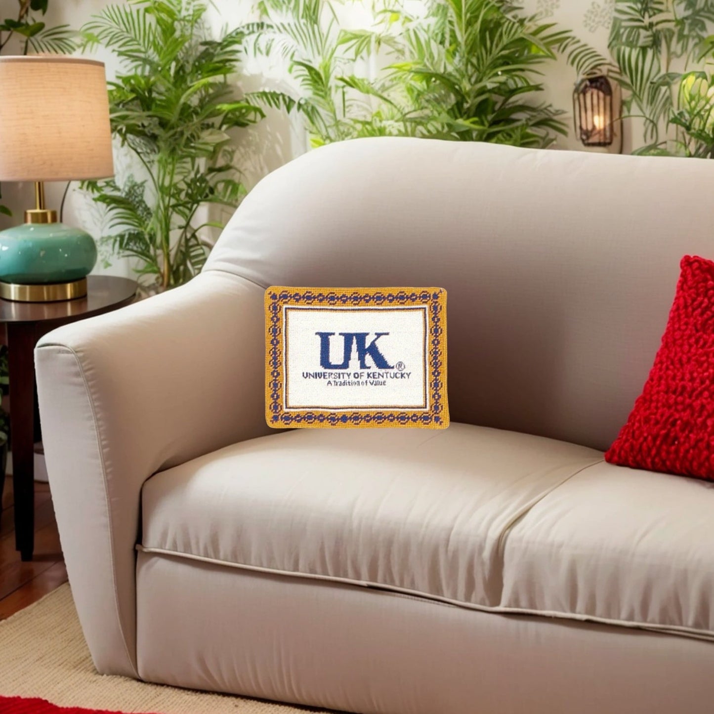 Handmade Wool Needlepoint Pillow Cover - Decorative Throw Cushion Cover - Vintage Floral Embroidery Design U of Kentucky