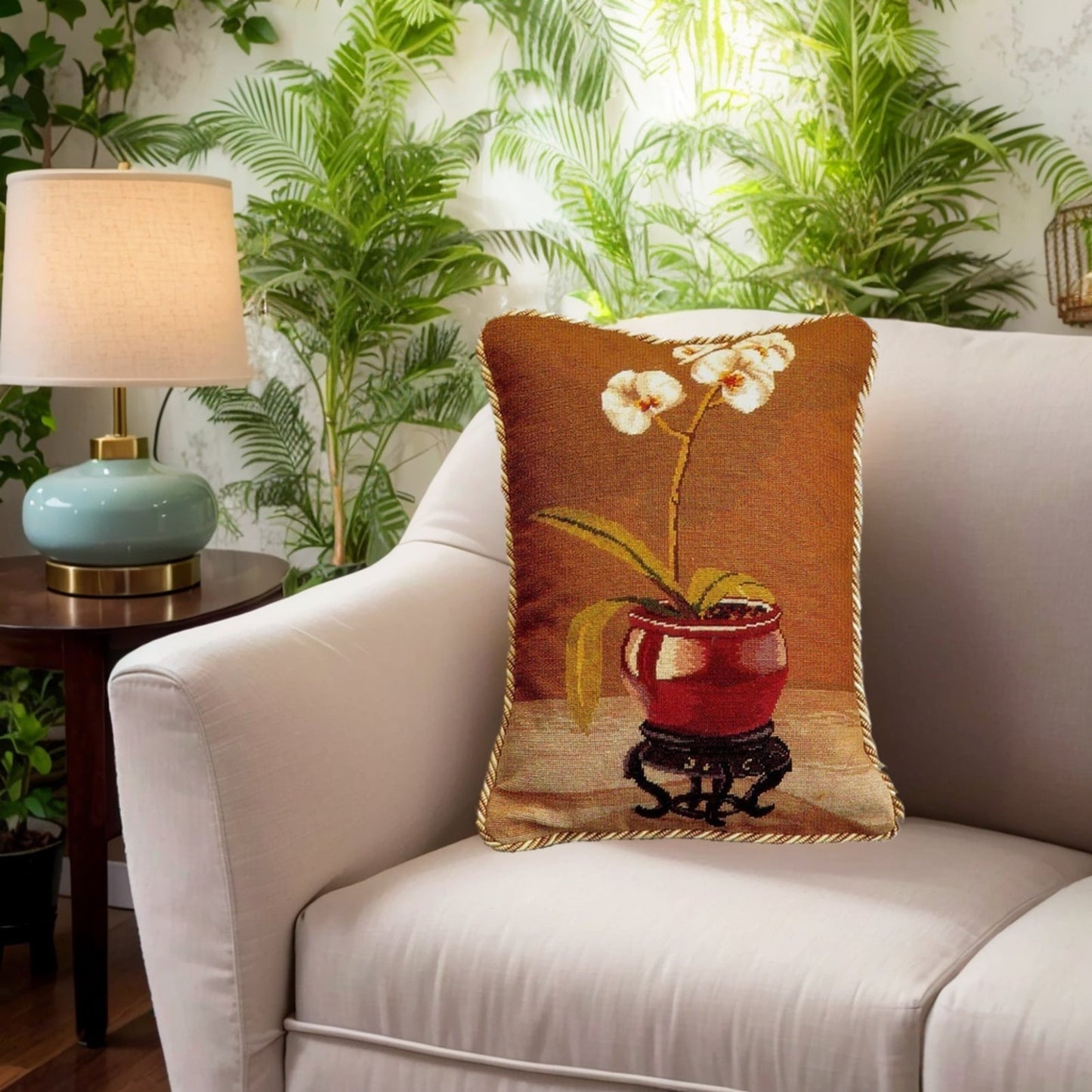 Handmade Wool Needlepoint Pillow Cover - Decorative Throw Cushion Cover - Vintage Floral Embroidery Design white orchard in red pot with 2 color cording