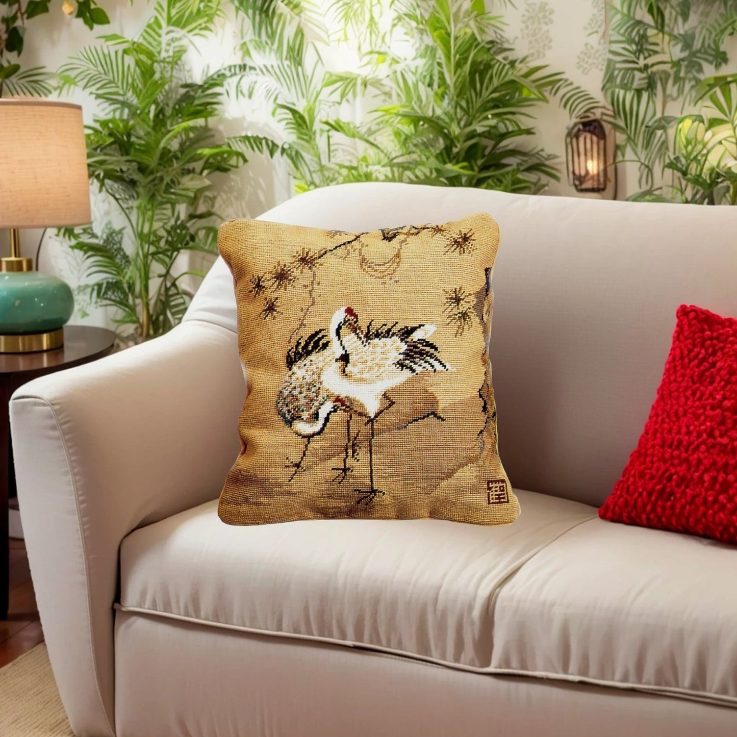 Handmade Wool Needlepoint Pillow Cover - Decorative Throw Cushion Cover - Vintage Floral Embroidery Design Cranes with pine tree 1