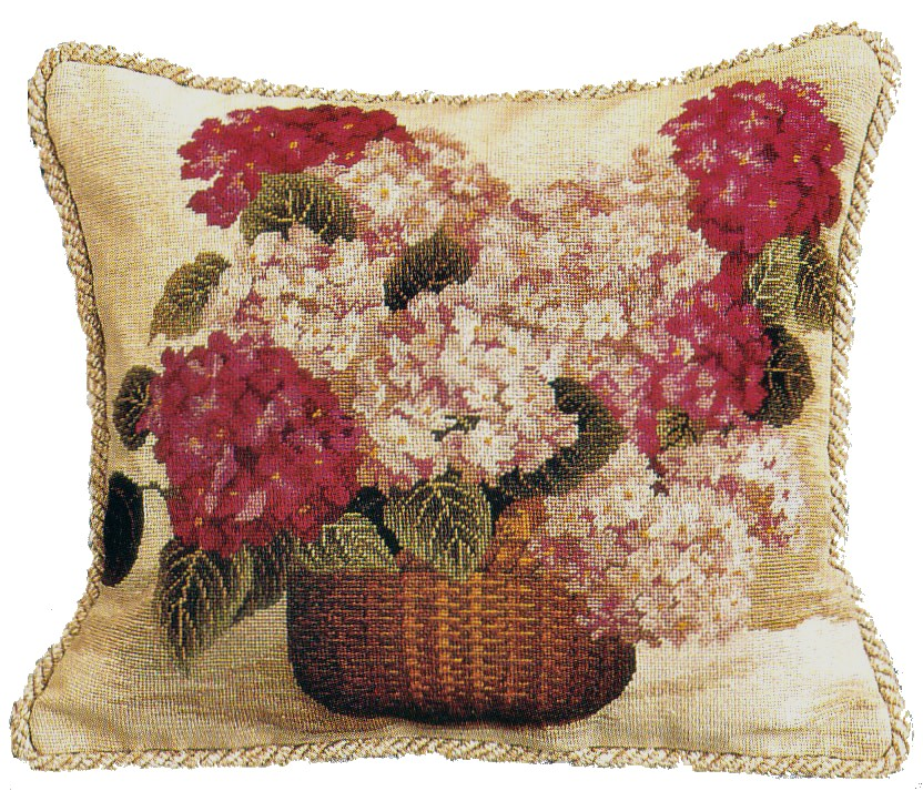 Needlepoint Hand-Embroidered Wool Throw Pillow Exquisite Home Designs HYdrangea basket with 2 color cording