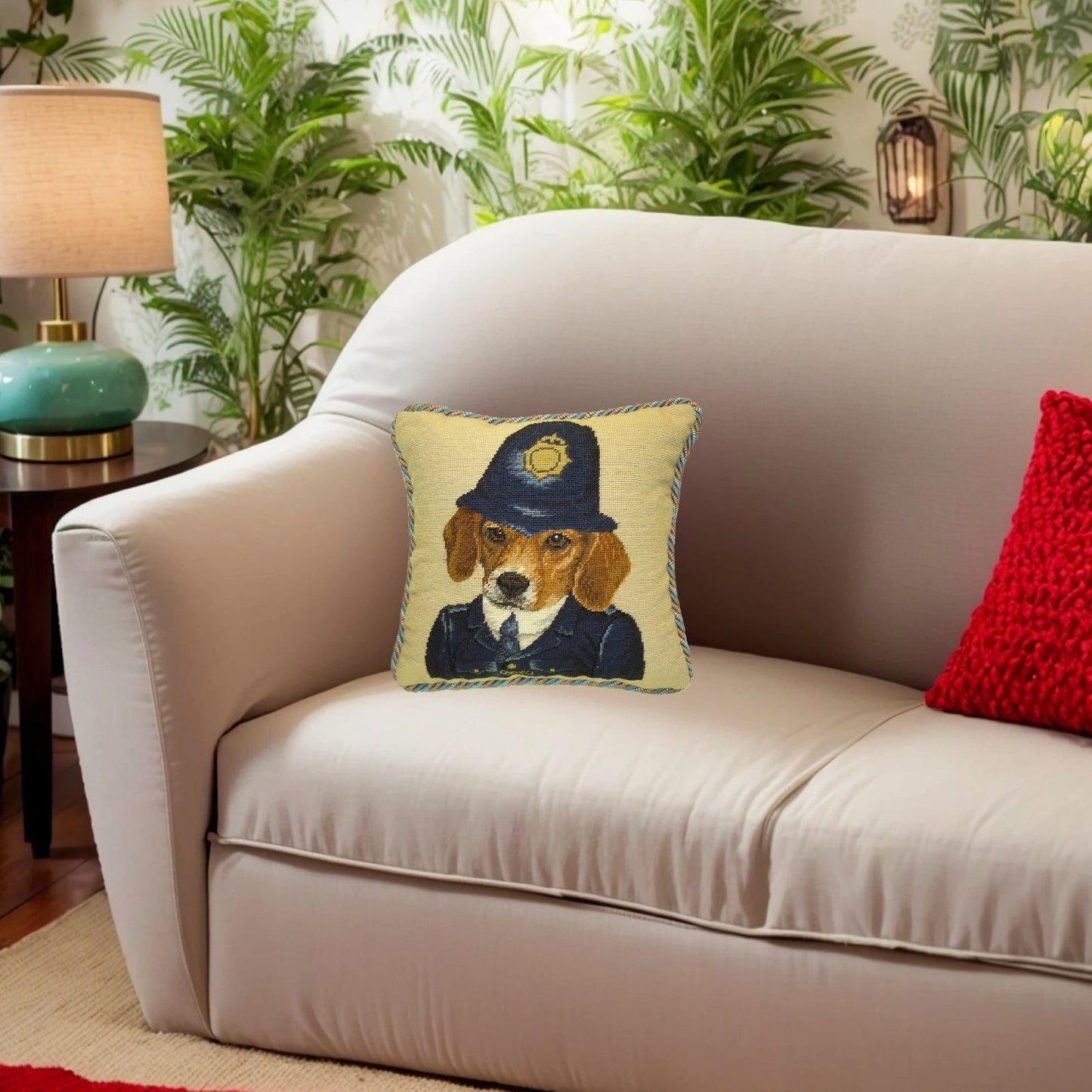 Handmade Wool Needlepoint Pillow Cover - Decorative Throw Cushion Cover - Vintage Floral Embroidery Design Bobby Beagle with 2 color cording