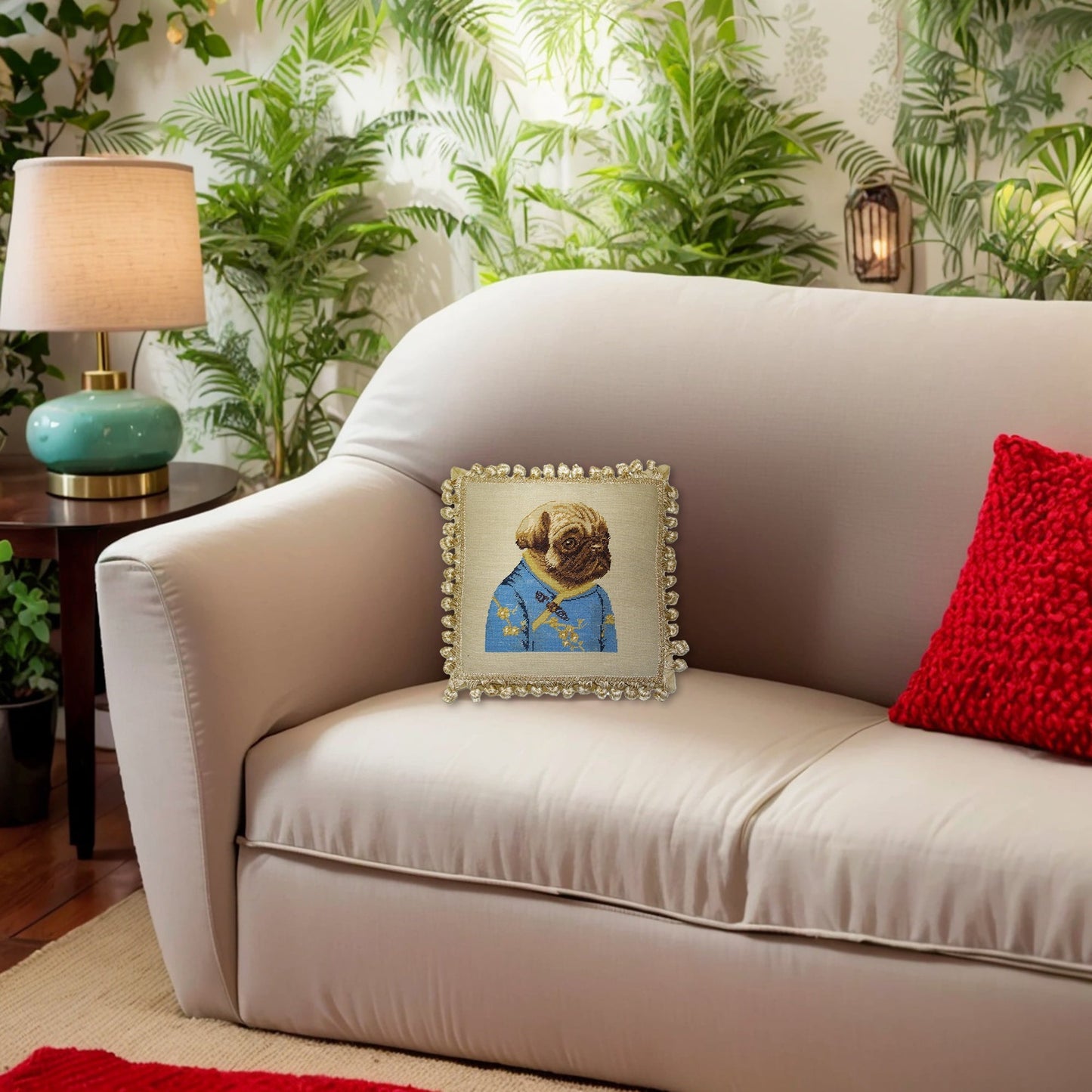 Handmade Wool Needlepoint Pillow Cover - Decorative Throw Cushion Cover - Vintage Floral Embroidery Design pug girl in blue jacket with 3 color cording