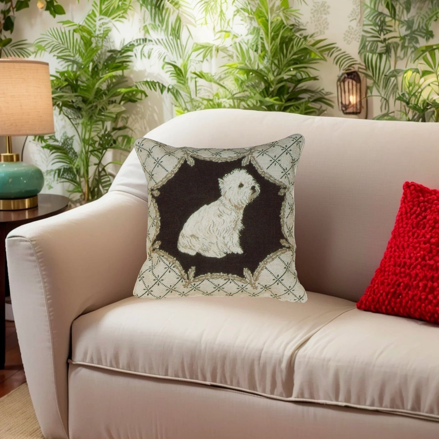 Handmade Wool Needlepoint Pillow Cover - Decorative Throw Cushion Cover - Vintage Floral Embroidery Design West Highland Terrier in liver gray trimming frame