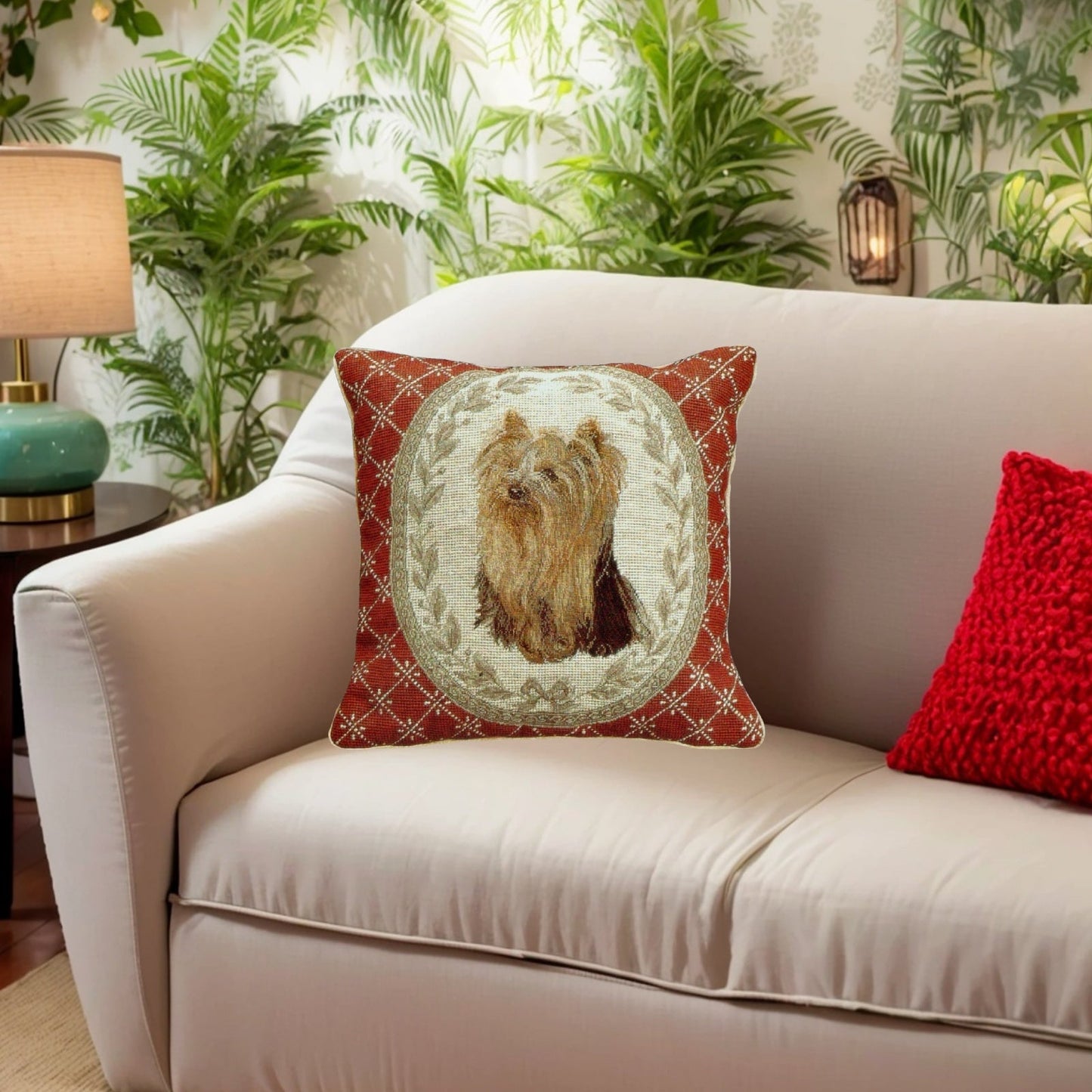 Handmade Wool Needlepoint Pillow Cover - Decorative Throw Cushion Cover - Vintage Floral Embroidery Design Yorkshire Terrier in red weather frame
