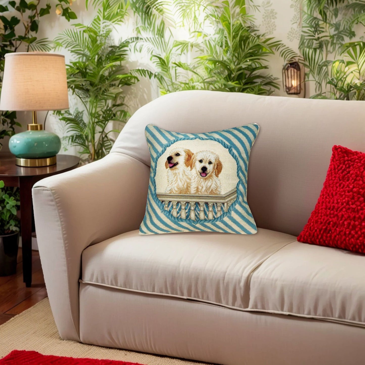 Handmade Wool Needlepoint Pillow Cover - Decorative Throw Cushion Cover - Vintage Floral Embroidery Design 2 puppies in balcony