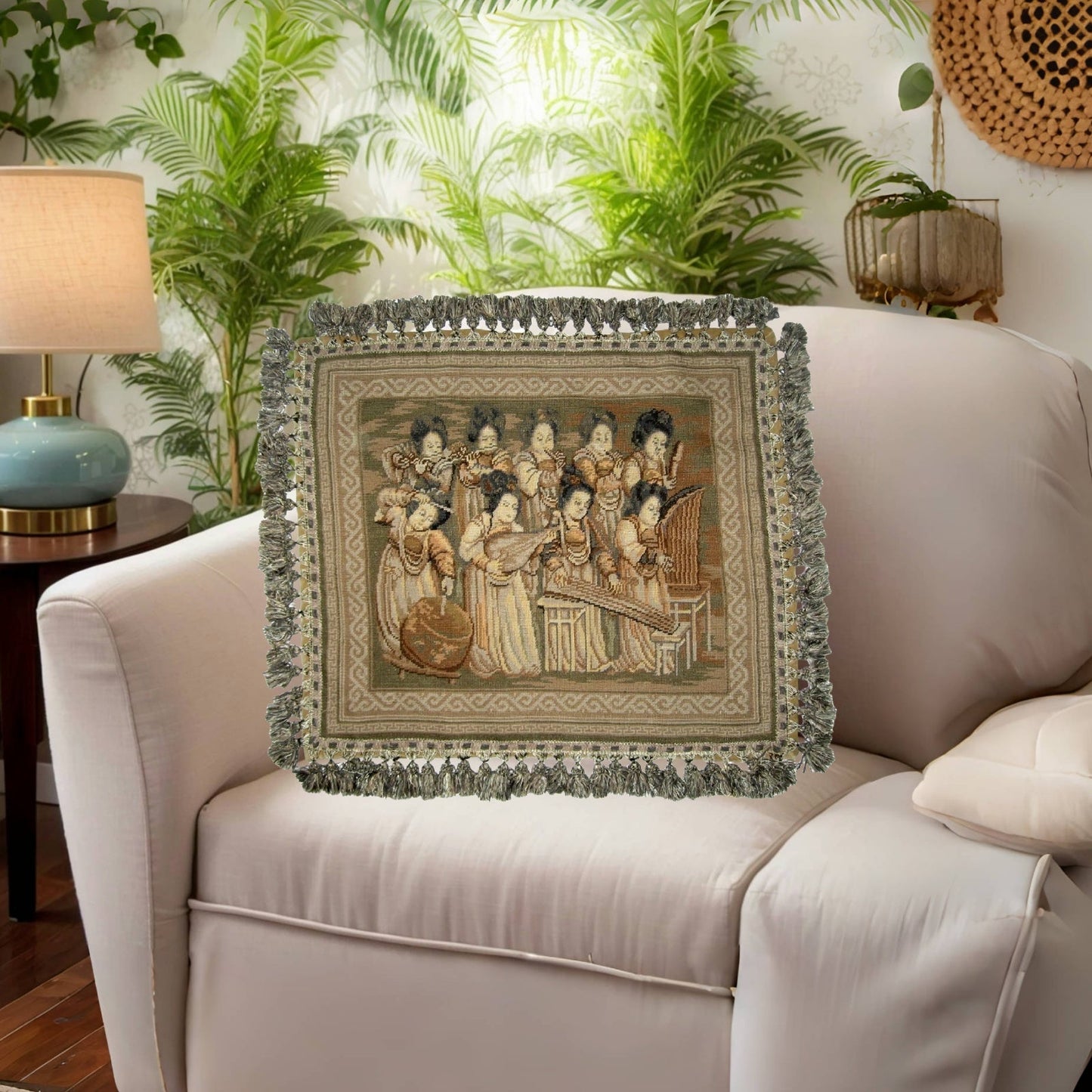 Handmade Wool Needlepoint Pillow Cover - Decorative Throw Cushion Cover - Vintage Floral Embroidery Design musician ladies from China old silk road painting with tassels