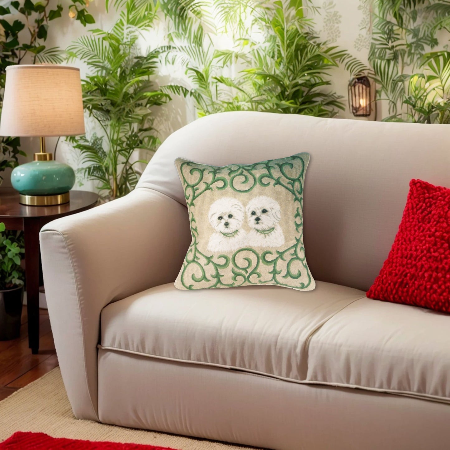 Handmade Wool Needlepoint Pillow Cover - Decorative Throw Cushion Cover - Vintage Floral Embroidery Design twin Westie in green leave frame