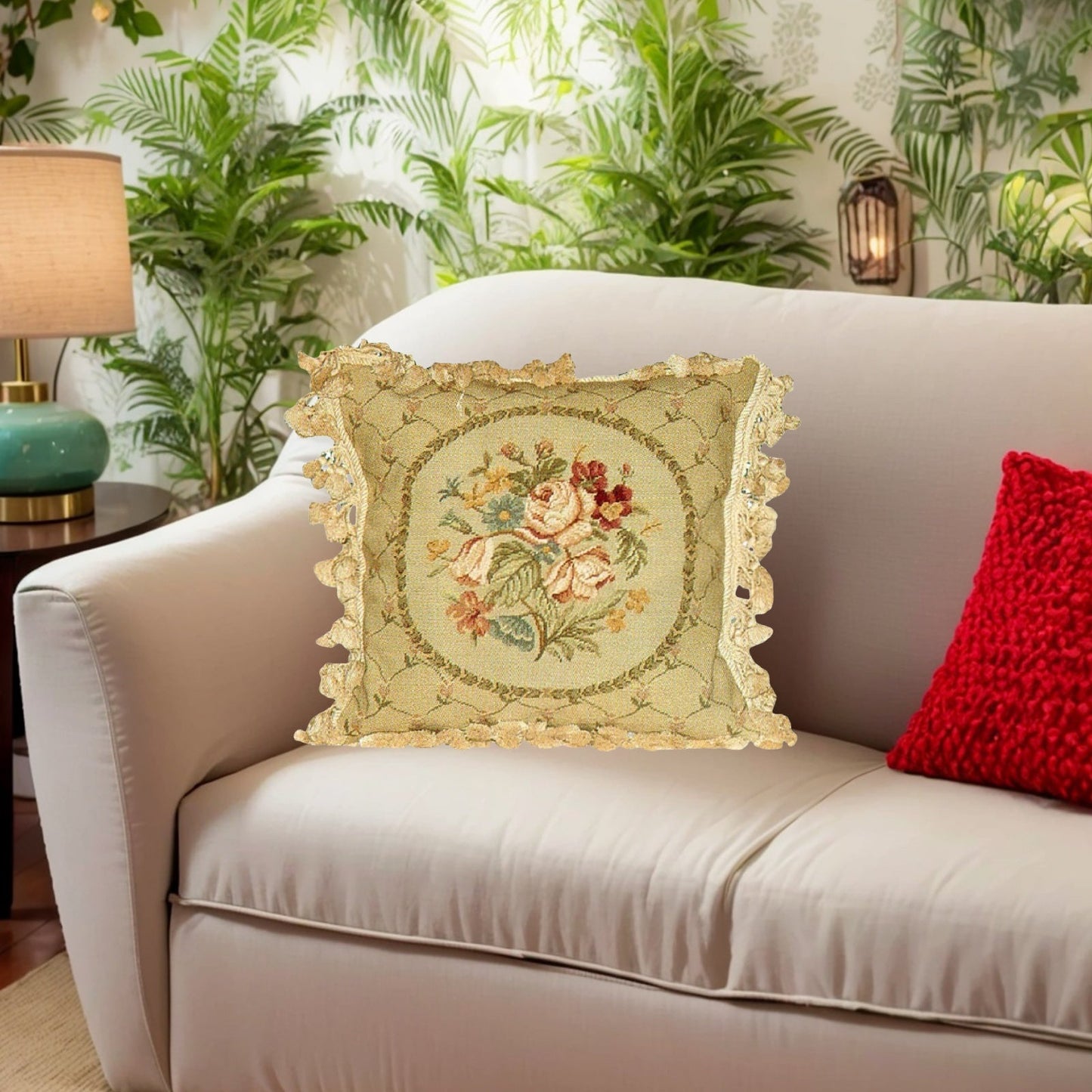 Handmade Wool Needlepoint Pillow Cover - Decorative Throw Cushion Cover - Vintage Floral Embroidery Design floral in small leave circle with tassel