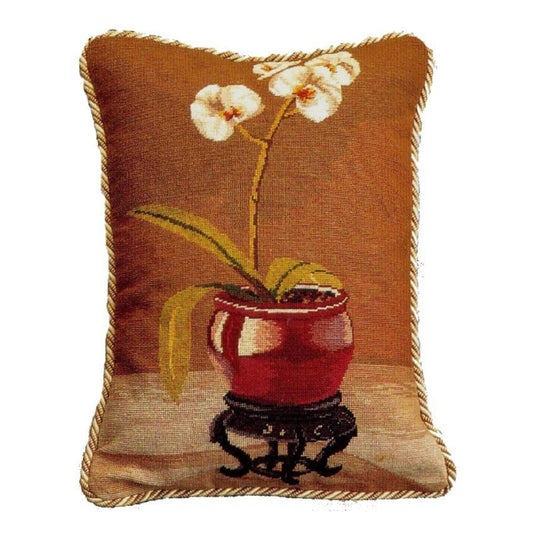 Handmade Wool Needlepoint Pillow Cover - Decorative Throw Cushion Cover - Vintage Floral Embroidery Design white orchard in red pot with 2 color cording