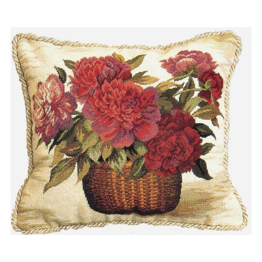 Handmade Wool Needlepoint Pillow Cover - Decorative Throw Cushion Cover - Vintage Floral Embroidery Design Peoney basket with 2 color cording