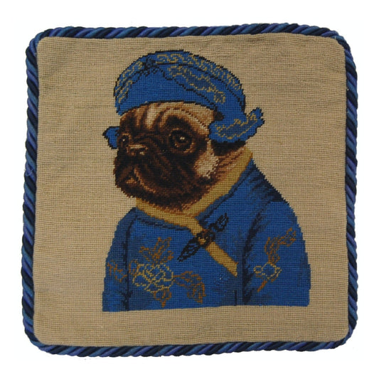 Handmade Wool Needlepoint Pillow Cover - Decorative Throw Cushion Cover - Vintage Floral Embroidery Design pug boy in blue with 3 color cording