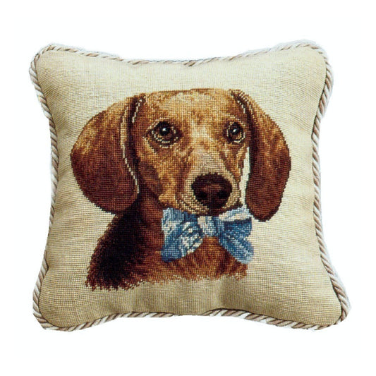 Handmade Wool Needlepoint Pillow Cover - Decorative Throw Cushion Cover - Vintage Floral Embroidery Design Dachsund with 2 color cording