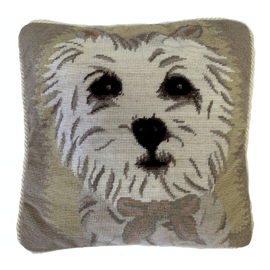 Handmade Wool Needlepoint Pillow Cover - Decorative Throw Cushion Cover - Vintage Floral Embroidery Design Westie with 3 color cording