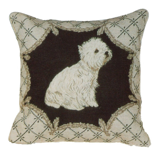 Handmade Wool Needlepoint Pillow Cover - Decorative Throw Cushion Cover - Vintage Floral Embroidery Design West Highland Terrier in liver gray trimming frame
