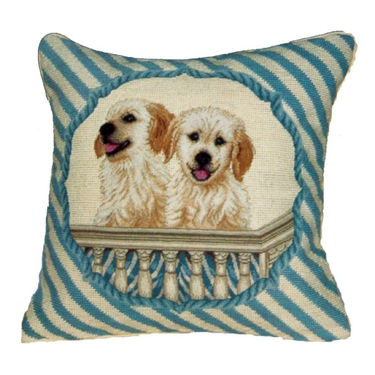 Handmade Wool Needlepoint Pillow Cover - Decorative Throw Cushion Cover - Vintage Floral Embroidery Design 2 puppies in balcony