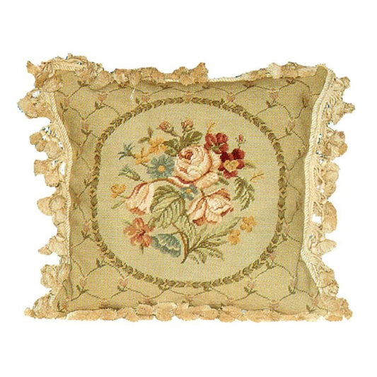 Handmade Wool Needlepoint Pillow Cover - Decorative Throw Cushion Cover - Vintage Floral Embroidery Design floral in small leave circle with tassel