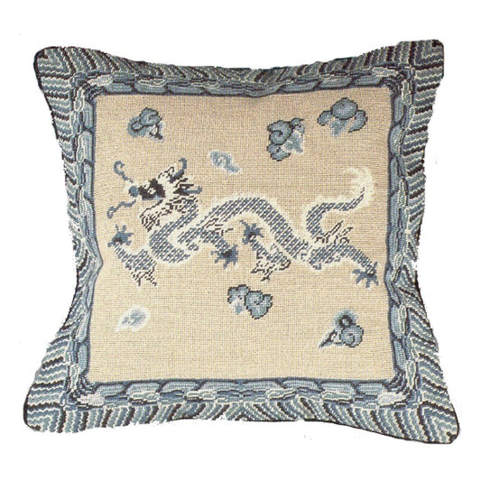 Handmade Wool Needlepoint Pillow Cover - Decorative Throw Cushion Cover - Vintage Floral Embroidery Design blue/white Dragon