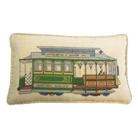 Handmade Wool Needlepoint Pillow Cover - Decorative Throw Cushion Cover - Vintage Floral Embroidery Design SF cable car Washington-Jackson St checker cording