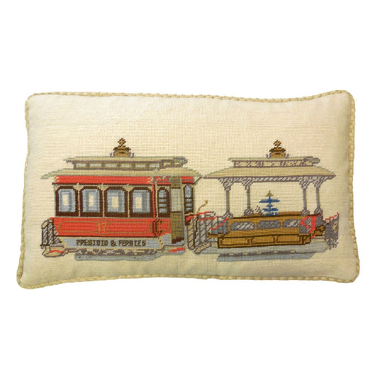 Handmade Wool Needlepoint Pillow Cover - Decorative Throw Cushion Cover - Vintage Floral Embroidery Design SF cable car Presidio- Ferries checker cording