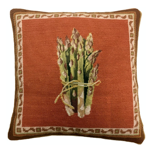 Handmade Wool Needlepoint Pillow Cover - Decorative Throw Cushion Cover - Vintage Floral Embroidery Design asparagus
