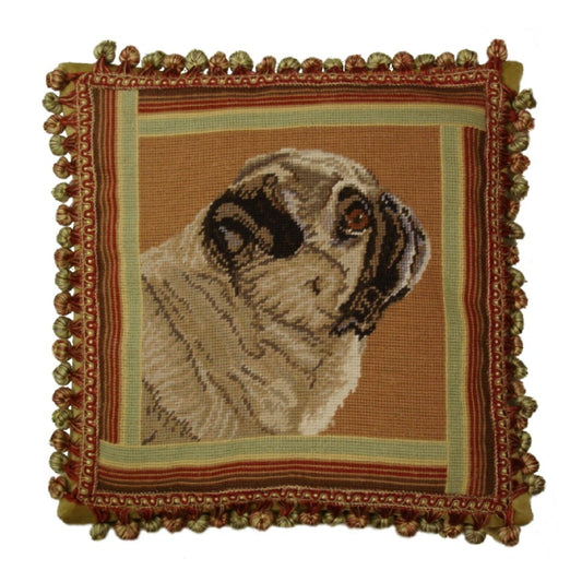 Handmade Wool Needlepoint Pillow Cover - Decorative Throw Cushion Cover - Vintage Floral Embroidery Design brown pug with 3 color tassel