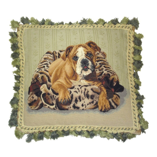 Handmade Wool Needlepoint Pillow Cover - Decorative Throw Cushion Cover - Vintage Floral Embroidery Design bull dog with mixed green tassel