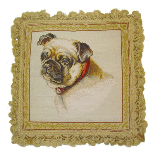 Handmade Wool Needlepoint Pillow Cover - Decorative Throw Cushion Cover - Vintage Floral Embroidery Design Pug dog nature background