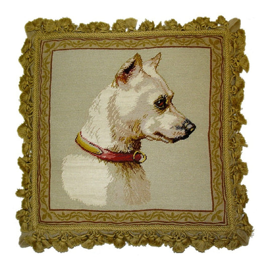 Handmade Wool Needlepoint Pillow Cover - Decorative Throw Cushion Cover - Vintage Floral Embroidery Design Bull Terrie Light with sand nature tassel