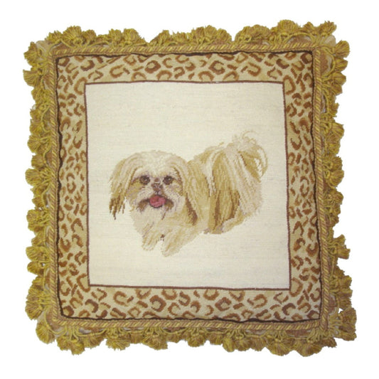 Handmade Wool Needlepoint Pillow Cover - Decorative Throw Cushion Cover - Vintage Floral Embroidery Design playfully Shih-Tzu with animal print frame 2 color tassels