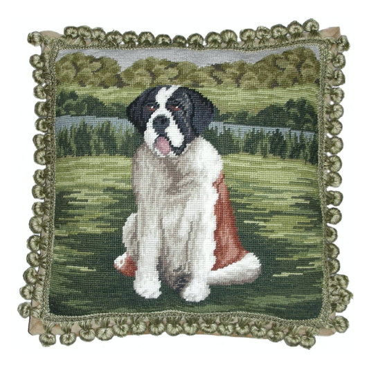 Handmade Wool Needlepoint Pillow Cover - Decorative Throw Cushion Cover - Vintage Floral Embroidery Design St Bernards with tassels