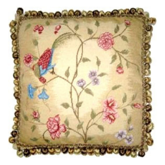 Handmade Wool Needlepoint Pillow Cover - Decorative Throw Cushion Cover - Vintage Floral Embroidery Design red/blue phoenix & plum in blossom with 3 color tassels 1