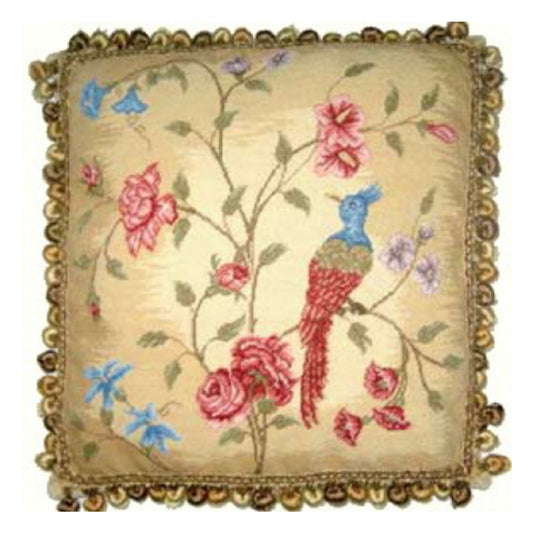 Handmade Wool Needlepoint Pillow Cover - Decorative Throw Cushion Cover - Vintage Floral Embroidery Design red/blue phoenix & plum in blossom with 3 color tassels