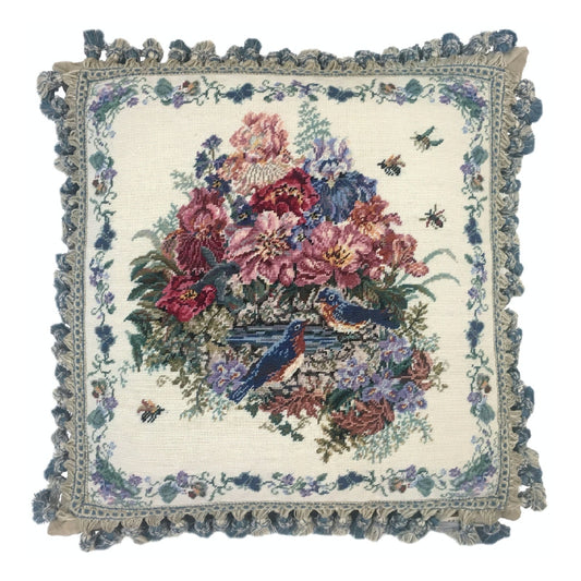 Handmade Wool Needlepoint Pillow Cover - Decorative Throw Cushion Cover - Vintage Floral Embroidery Design blue birds with tassel