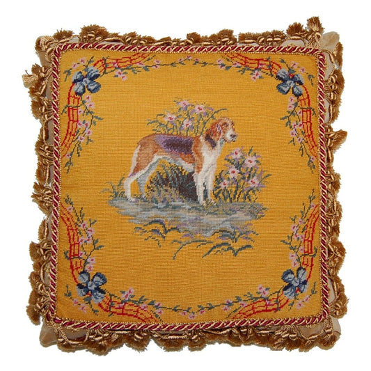 Handmade Wool Needlepoint Pillow Cover - Decorative Throw Cushion Cover - Vintage Floral Embroidery Design dog with gold tassel