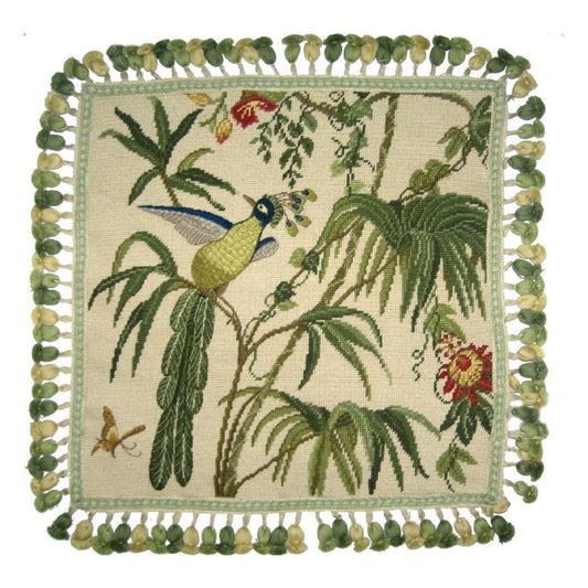 Handmade Wool Needlepoint Pillow Cover - Decorative Throw Cushion Cover - Vintage Floral Embroidery Design blue phoenix with tassel