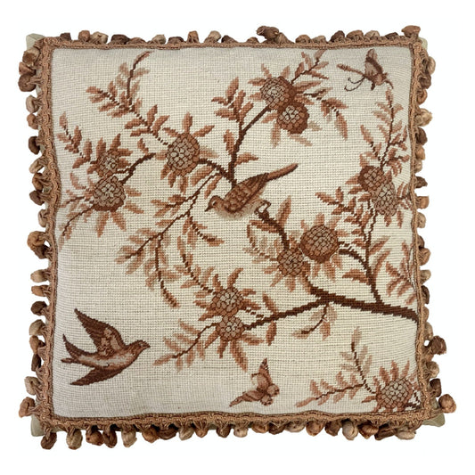 Handmade Wool Needlepoint Pillow Cover - Decorative Throw Cushion Cover - Vintage Floral Embroidery Design antique tree swallows butterfliers with tassels