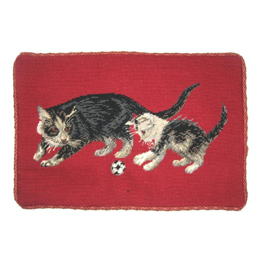 Handmade Wool Needlepoint Pillow Cover - Decorative Throw Cushion Cover - Vintage Floral Embroidery Design on cat faces rest of in red background with cording