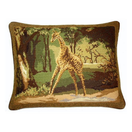 Handmade Wool Needlepoint Pillow Cover - Decorative Throw Cushion Cover - Vintage Floral Embroidery Design All Giraffe