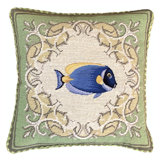 Handmade Wool Needlepoint Pillow Cover - Decorative Throw Cushion Cover - Vintage Floral Embroidery DesignFienst tropical fish - Surgeonfish with green frame checker cording