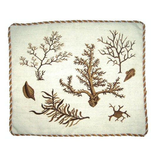 Handmade Wool Needlepoint Pillow Cover - Decorative Throw Cushion Cover - Vintage Floral Embroidery Design group seaweeds center brown coral with cording
