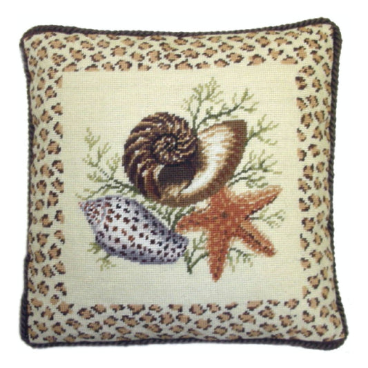 Handmade Wool Needlepoint Pillow Cover - Decorative Throw Cushion Cover - Vintage Floral Embroidery Design dark sea shell and star fish with brown cording