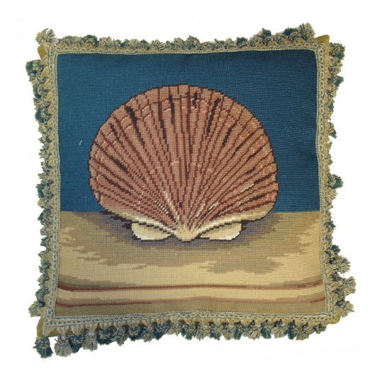Handmade Wool Needlepoint Pillow Cover - Decorative Throw Cushion Cover - Vintage Floral Embroidery Design sea fanshell with 2 color tassel