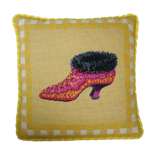 Handmade Wool Needlepoint Pillow Cover - Decorative Throw Cushion Cover - Vintage Floral Embroidery Design fur shoe yellow background with 2 color cording