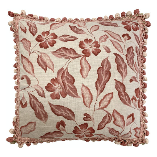 Handmade Wool Needlepoint Pillow Cover - Decorative Throw Cushion Cover - Vintage Floral Embroidery Design red leaves with tassel