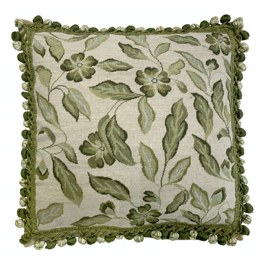 Handmade Wool Needlepoint Pillow Cover - Decorative Throw Cushion Cover - Vintage Floral Embroidery Design green leaves with tassel