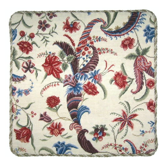 Handmade Wool Needlepoint Pillow Cover - Decorative Throw Cushion Cover - Vintage Floral Embroidery Design tropical floral with cording 1