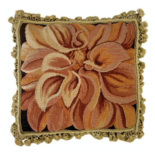 Handmade Wool Needlepoint Pillow Cover - Decorative Throw Cushion Cover - Vintage Floral Embroidery Design on orange chrysanthemum with tassels