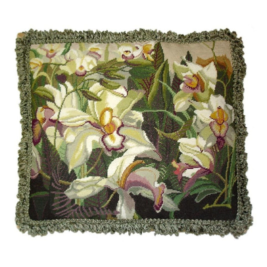 Handmade Wool Needlepoint Pillow Cover - Decorative Throw Cushion Cover - Vintage Floral Embroidery Design Iris in shade of ivory, pink purple, yellow green, with green tassels