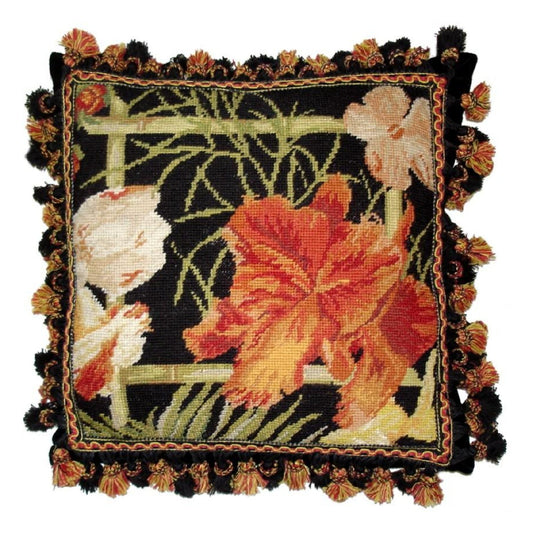 Handmade Wool Needlepoint Pillow Cover - Decorative Throw Cushion Cover - Vintage Floral Embroidery Design blackback banboo frame red lily 3 color tassels